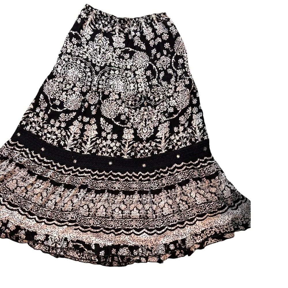 Boho Floral Crochet Rhinestone Forbidden Maxi Skirt S Black White